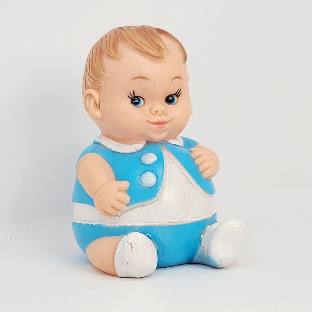 VTG 1968 UNEEDA Plum Pee Wee Rubber Baby Boy Doll 6" Blue Nursery Shower Decor